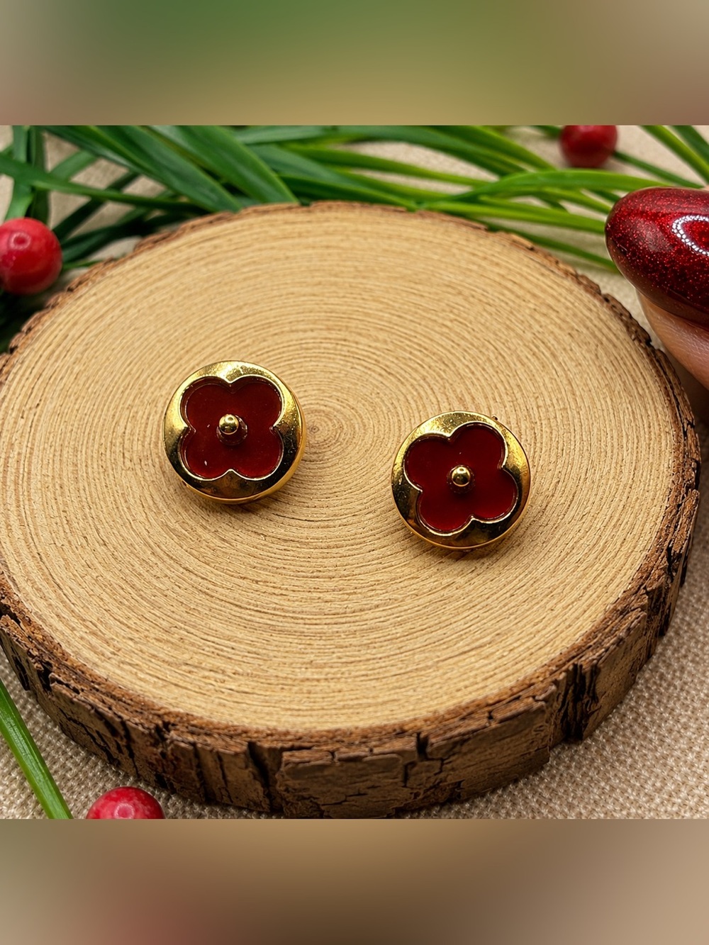 Chic Gold and Red Floral Earrings 316L